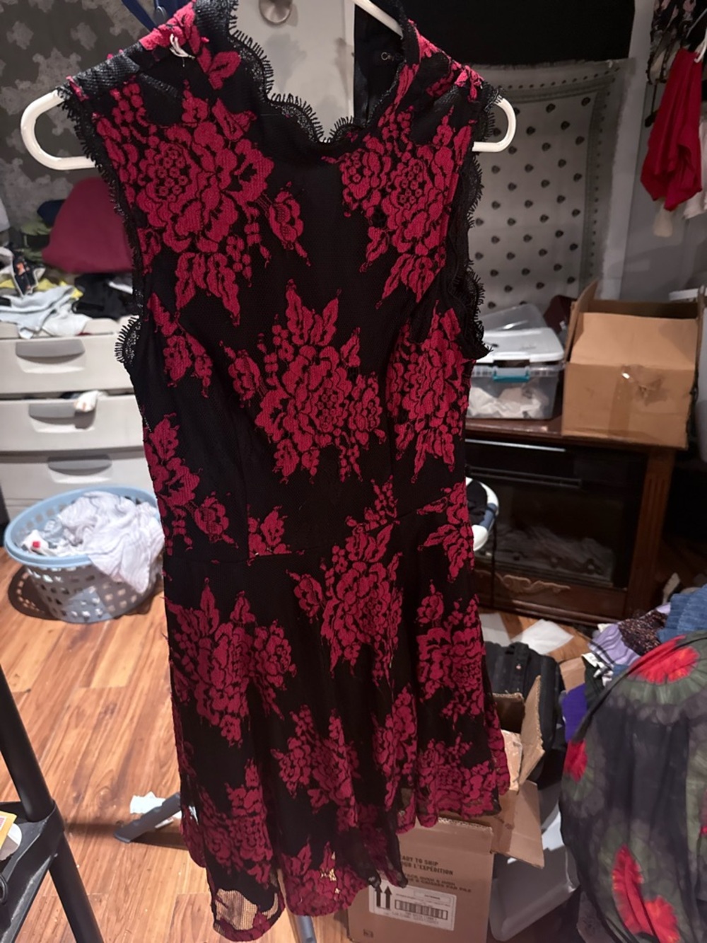 City Studio Black Dress with Red Floral Lace